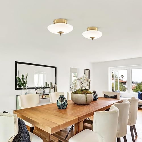 Miniatura 5 de KCO Lámpara de techo semiempotrada de vidrio de leche pequeña, luz de techo de globo blanco de latón, lámpara de techo dorada para baño y dormitorio