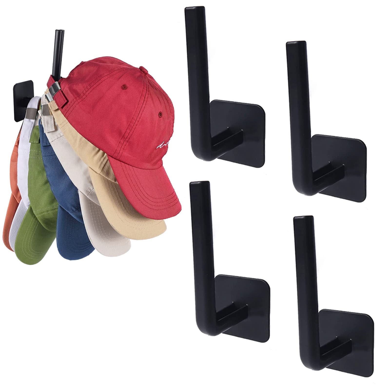 Hat Hooks for Wall, 4 Pcs Adhesive Hat Hangers Organizer Holder for Closet/Door, Multi-Purpose Strong Hook Rack Can Hold More Than 10 Hats Black