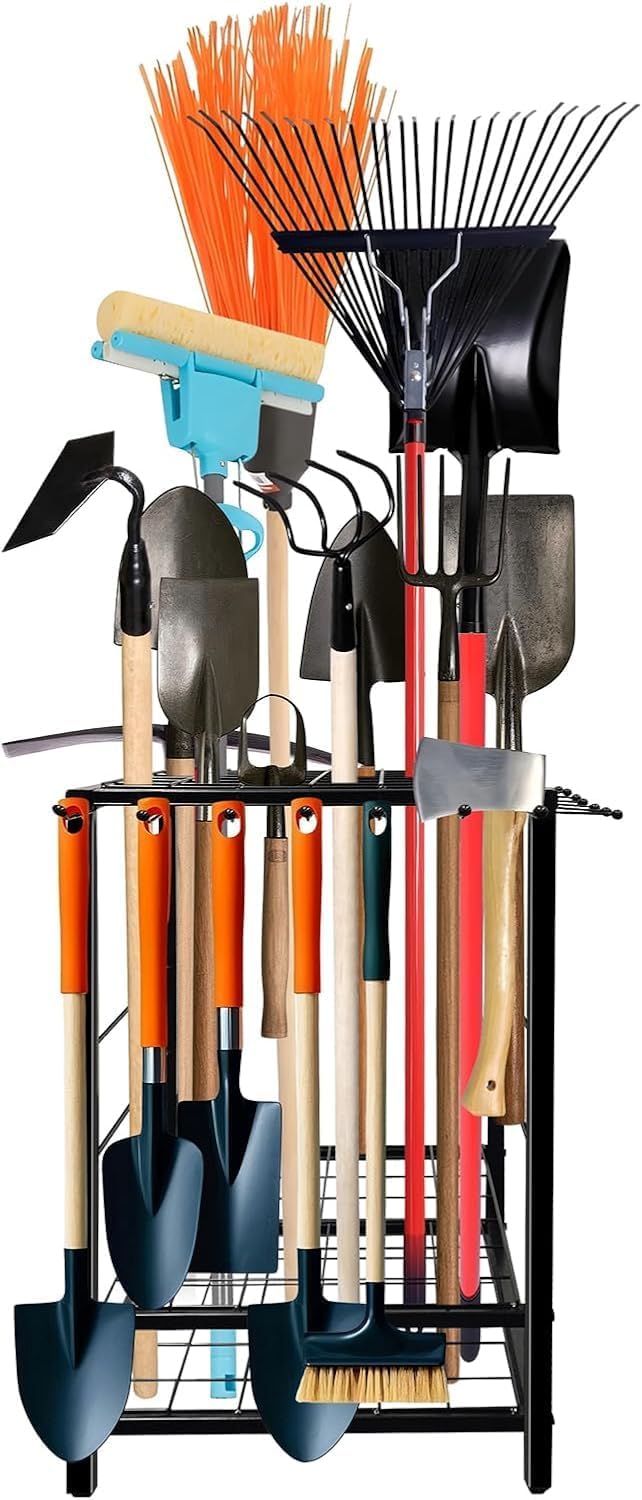 Garden Tool Organizer, 15 * 15 * 27 Yard Tool Storage Rack for Garage, Shed, and Outdoor Use, Partitioned Tool Stand for Rakes, Shovels, Brooms, and More
