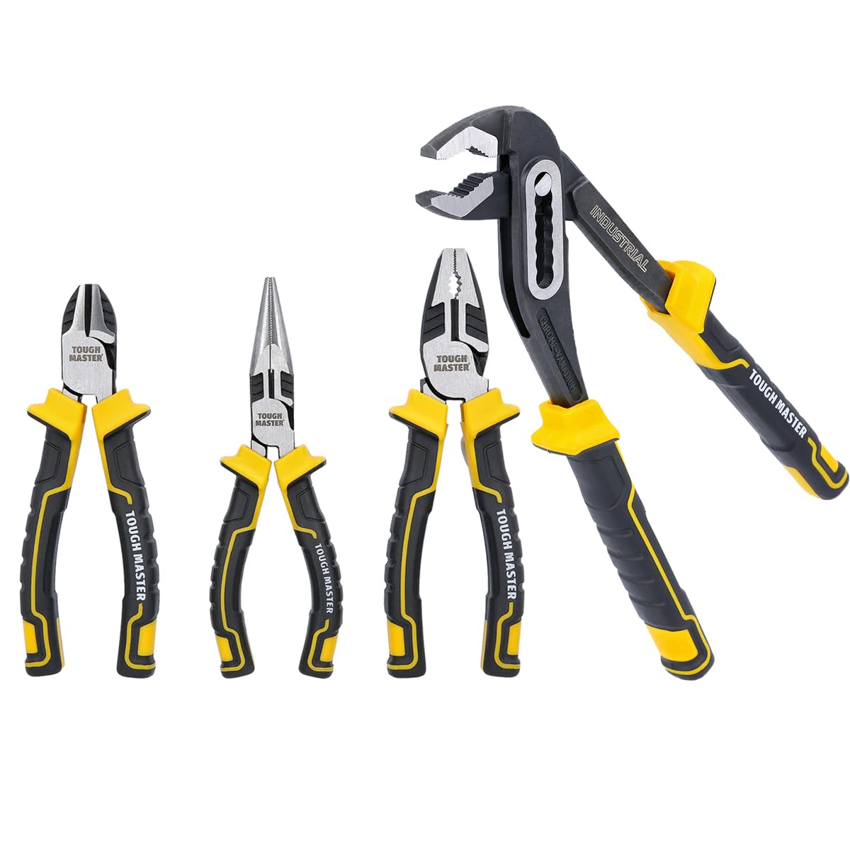 TOUGH MASTER 4-Piece Pliers Set Professional Quality Including 10'' Water Pump Plier, 6" Needle Nose Plier, 6" Diagonal Cutting Plier & 7" Combination Plier (4-Piece Plier Set)