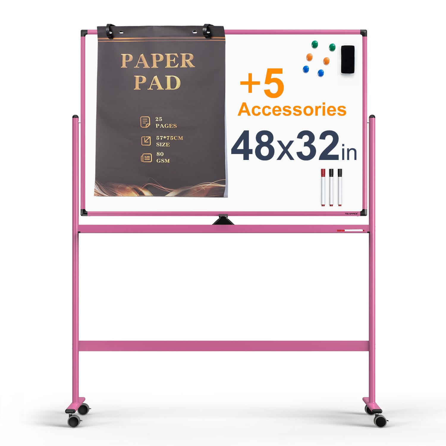 Large Dry-Erase Rolling Magnetic Whiteboard - 48 x 32 Inches Dry Erase Board with Stand Height Adjust Double Sides Mobile White Board Easel on Wheels with 25 Sheets Paper Pad Office, Home &amp; Classroom