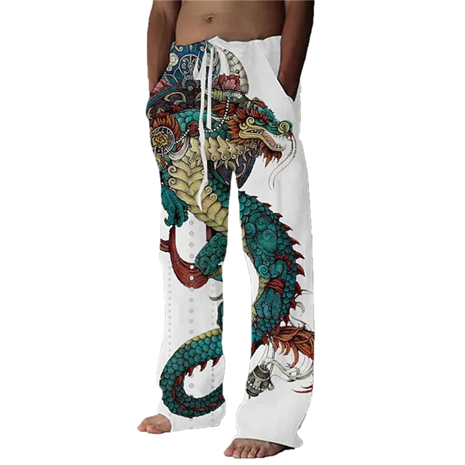 Keephen Men's # 1 Pajama Lounge Pants Dragon Print Drawstring Comfy Casual Stretch Palazzo Bottoms Wide Leg Pants