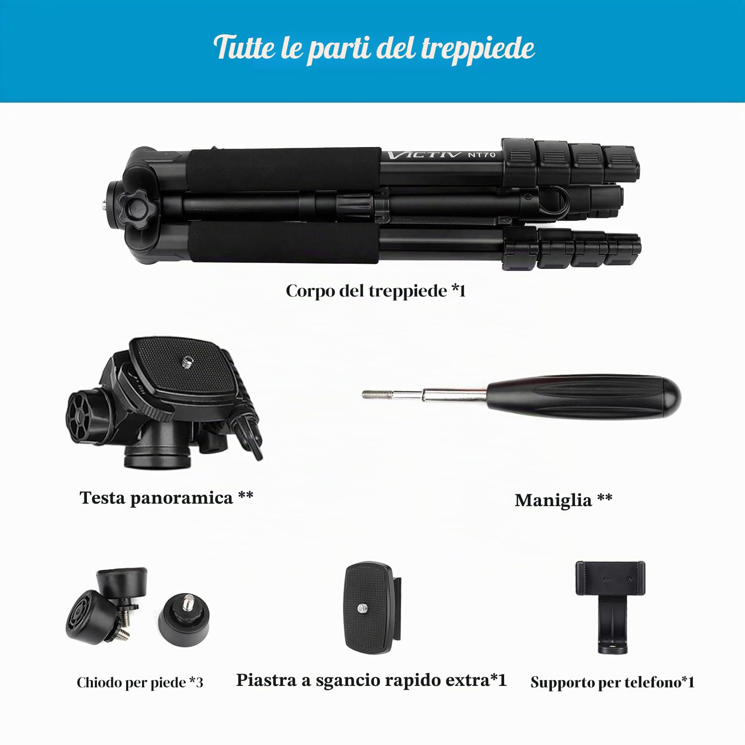Victiv Treppiede Fotocamera e Smartphone 185 cm, Cavalletto Fotografico in Alluminio Leggero, con Testina a 3 Vie Rimovibile, Supporto Smartphone e Telecomando Bluetooth, per DSLR Sony Canon Nikon