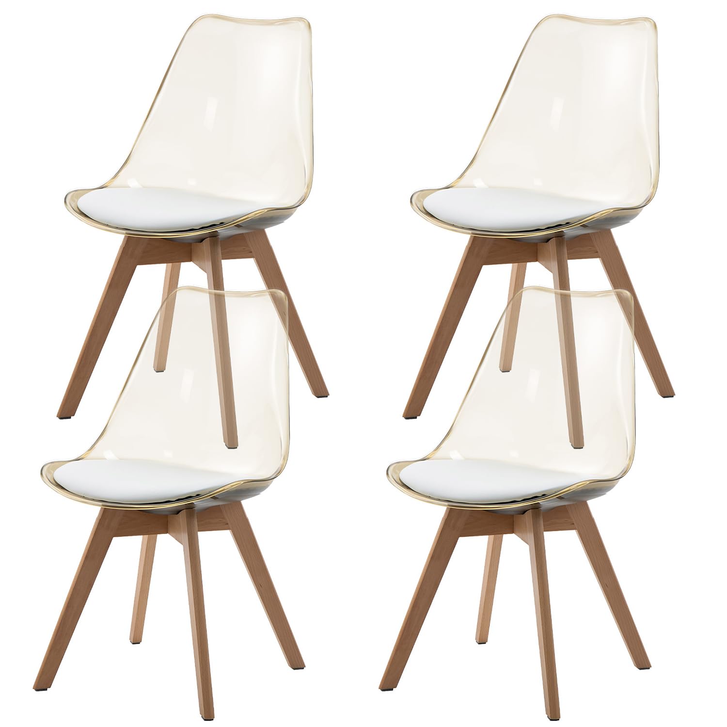 Clear Dining Chairs Set of 4, Modern Acrylic Dining Chair Transparent Chairs with PU Leather Cushions Seat & Wood Legs, Side Chairs for Dining Room Kitchen Restaurant Balcony (Yellow)