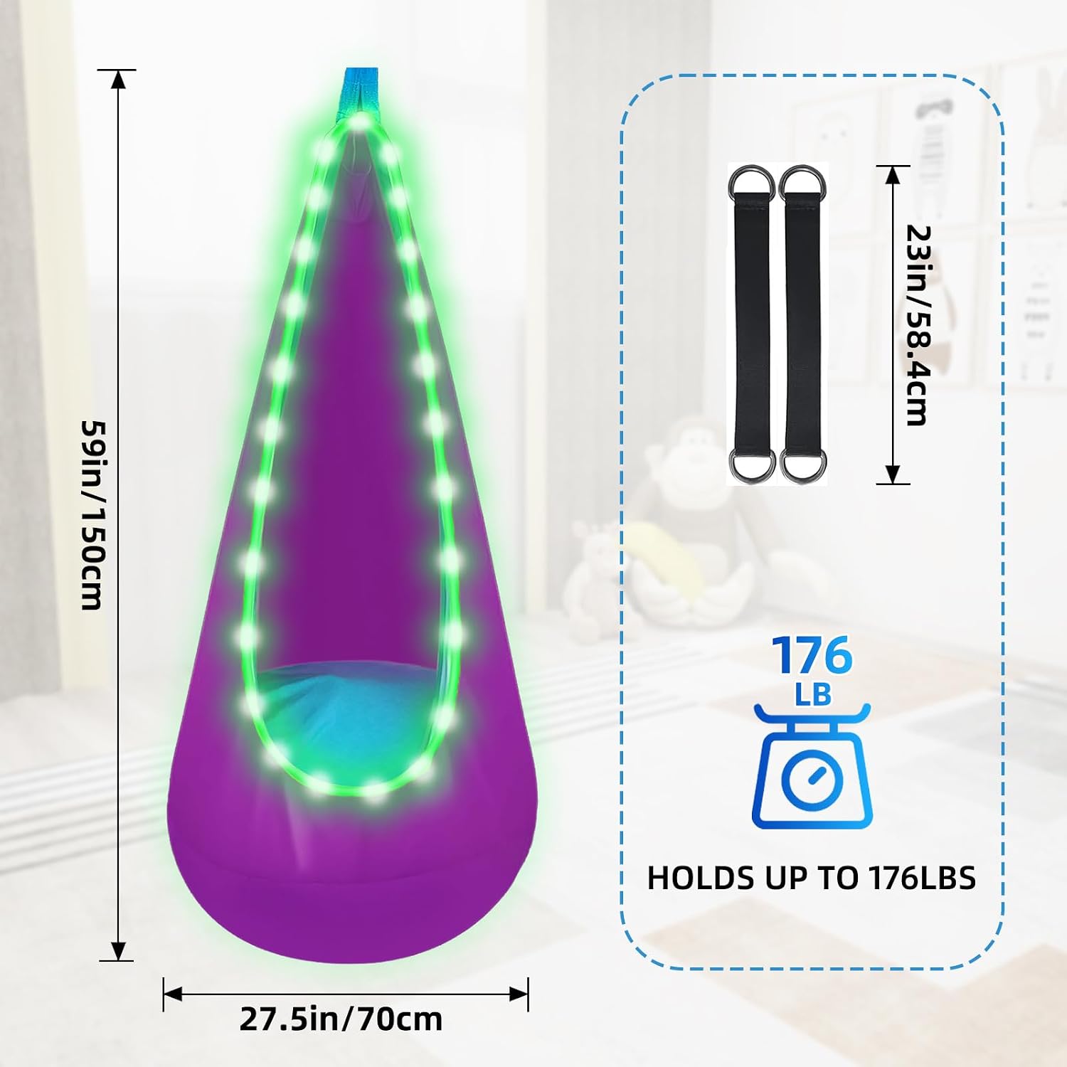 Light Up Swing Chair Hammock Chair Indoor Outdoor for Kids Pod with LED Lights, Soft and Safe, 176 lb. Load Capacity, Easy Installation, Perfect for Bedroom, Garden, and Playroom (Purple)