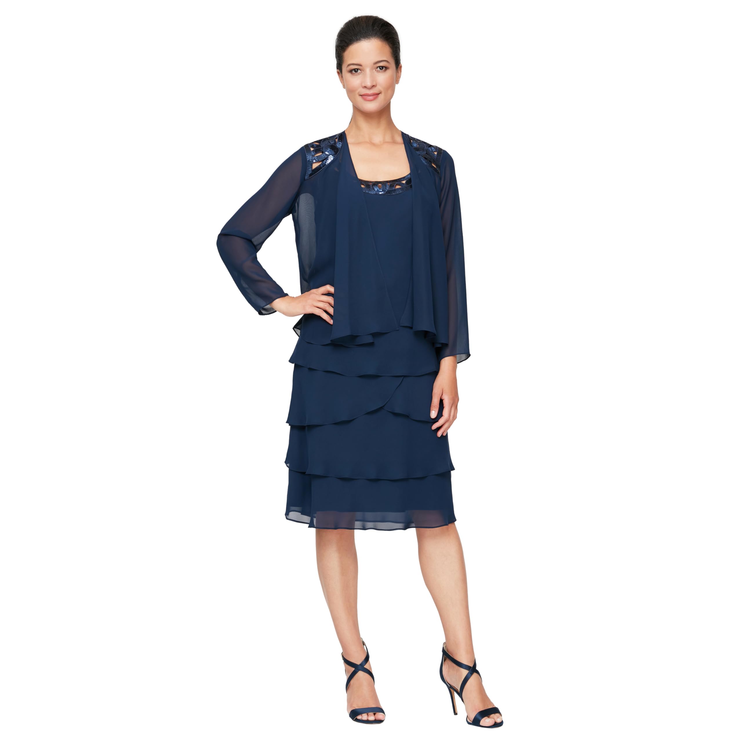 S.L. Fashions Women's dress for special occasions - Plus-size sequin chiffon jacket dress Dark navy blue