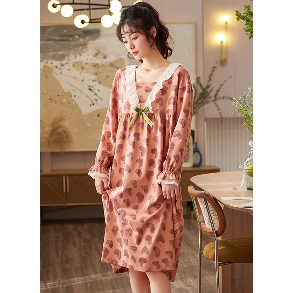 Camicia Da Notte Donna - Camicia Da Notte In Pizzo Con Colletto Quadrato Camicia Da Notte In Cotone Camicia Da Notte Lunga Da Principessa Carina Camicia Da Notte A Maniche Lunghe Con Stampa A Cuore