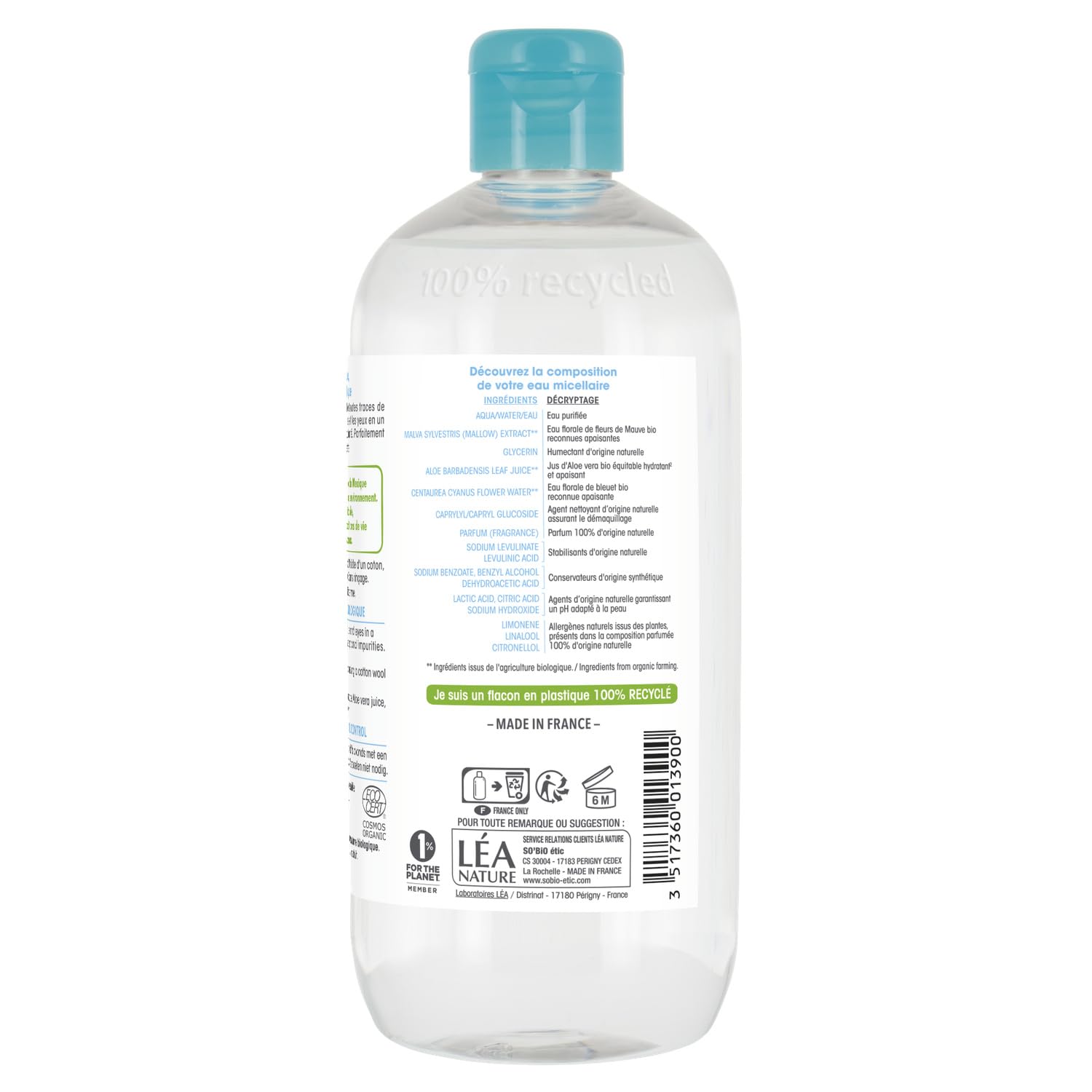SO'BIO ÉTIC Eau Micellaire Hydratante au Jus d'Aloe Vera Bio et Bleuet - Nettoyant Visage et Yeux - Format 500 ml - Flacon en Plastique Recyclé - Pour Tous Types de Peaux - Fabriqué en France