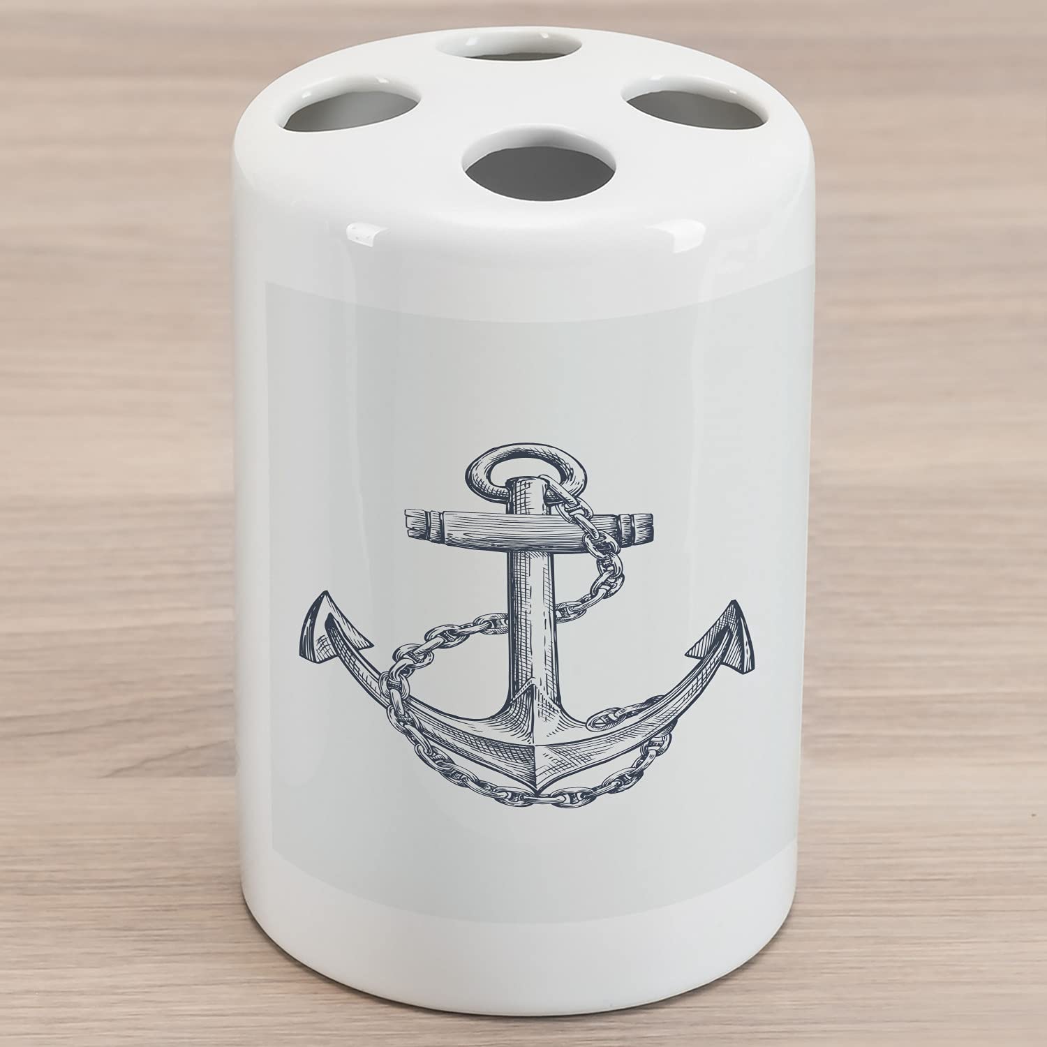 Ambesonne Anchor Ceramic Toothbrush Holder, Vintage Sketch Nautical Element Ship Sailing Travel Theme Chain, Decorative Versatile Countertop for Bathroom, 4.5" X 2.7", Dark Teal White