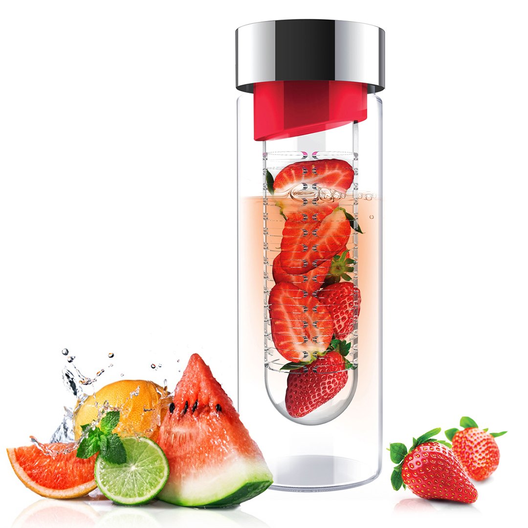 Asobu Flavor It 20 Ounce Glass Water Bottle With Fruit Infuser, Red Silver