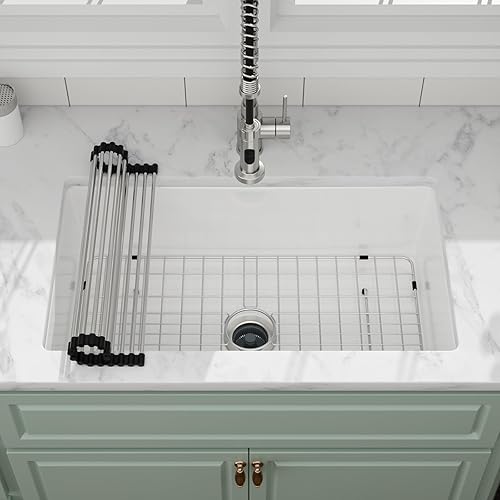 32 Inch White Kitchen Sinks, Fireclay Undermount Kitchen Sink Single Bowl Ceramic Porcelain Sink with Glazed Finish, 32"x19"x10"