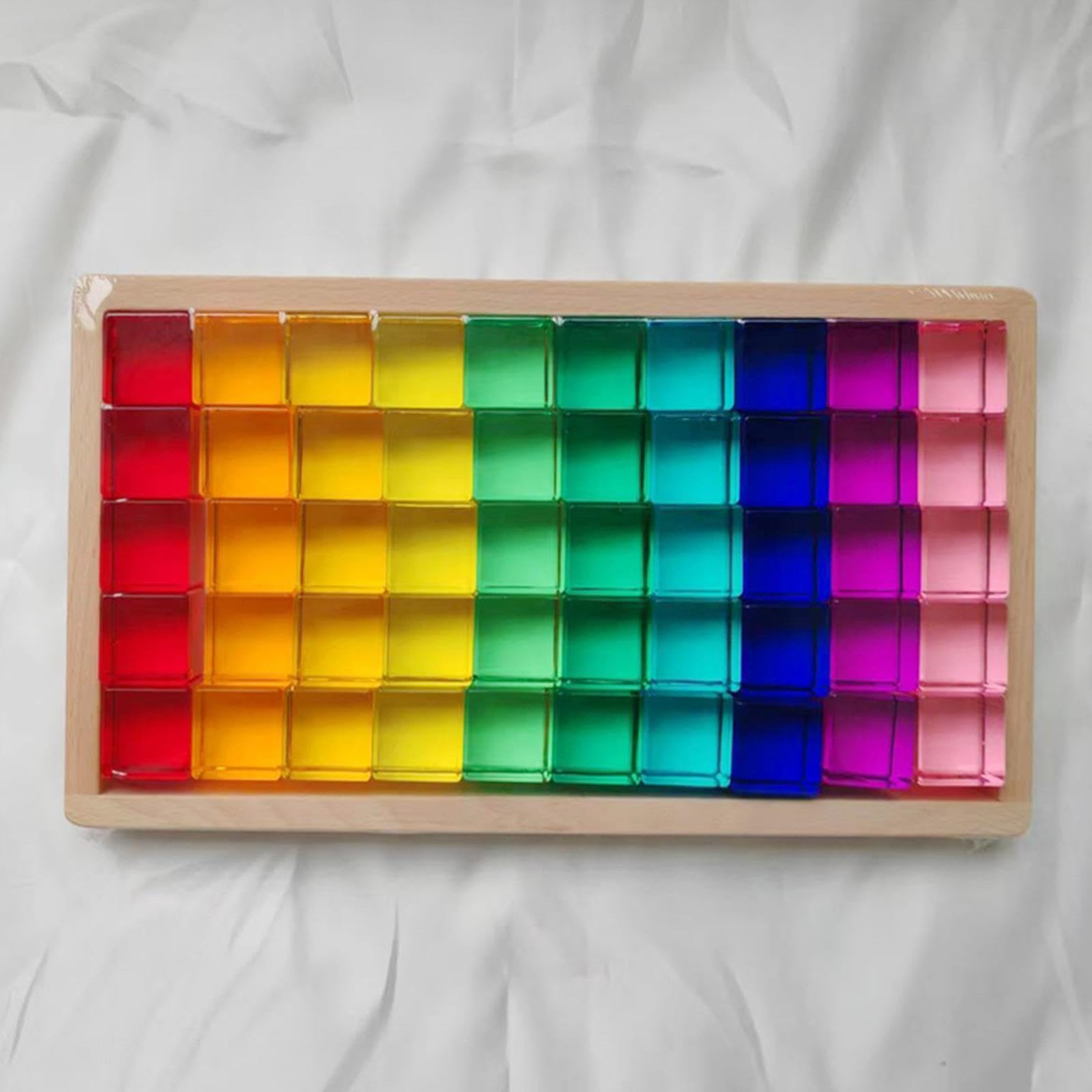 Regenbogen Bausteine Set Kinder mit Acrylklötzen Motorik Stapelspiel Transparent Holzbox Lernspaß für Kinderzimmer Geschenk Draußen Drinnen, 50 Stück