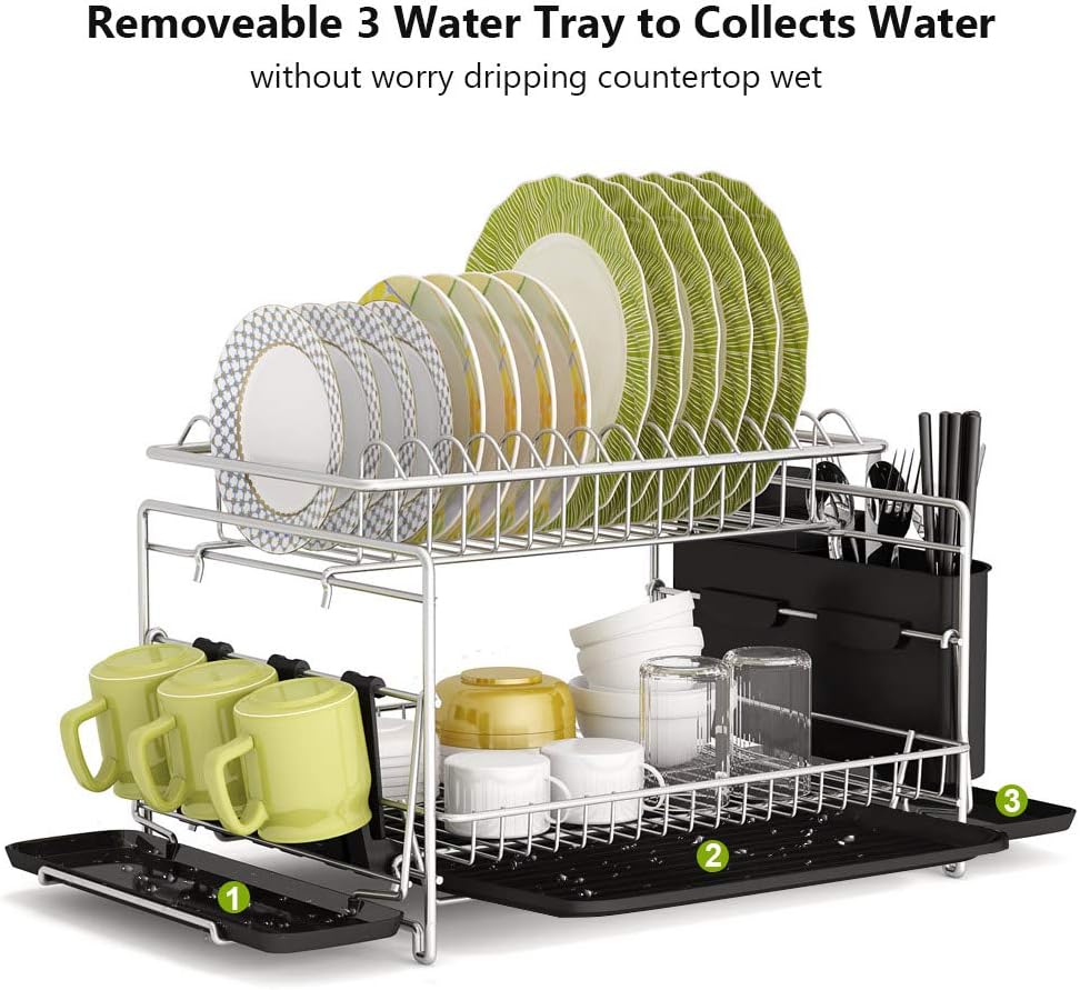 1Easylife Dish Drying Rack, 2 Tier Large Kitchen Dish Rack with Removable Drainboard, Utensil Holder and Cup Holder, Rustproof Nano Coating Dish Drainer