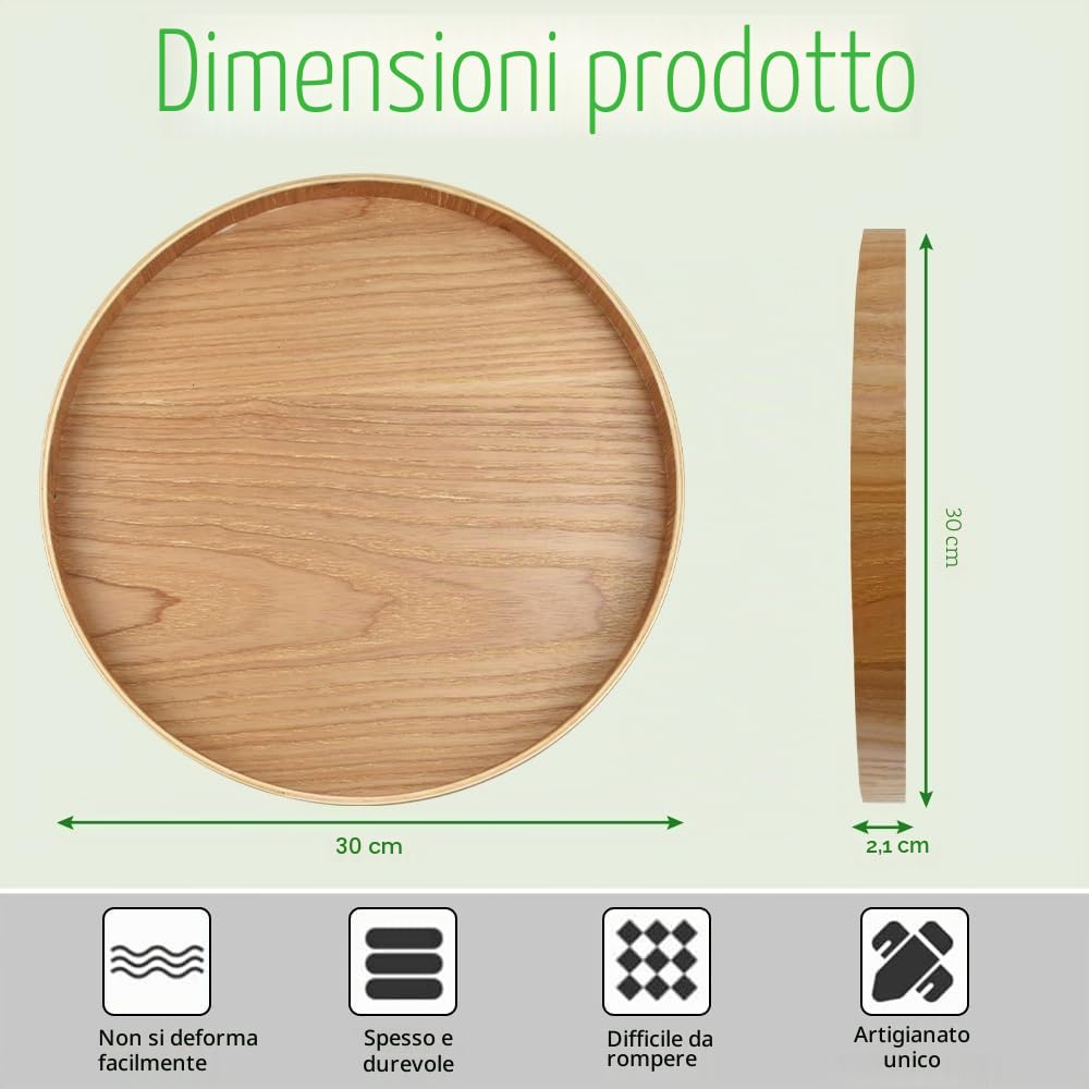 Vassoio Rotondo in Legno da 30cm - Piatto da Portata Tondo e Decorativo per Tè, Caffè, Frutta e Cibo