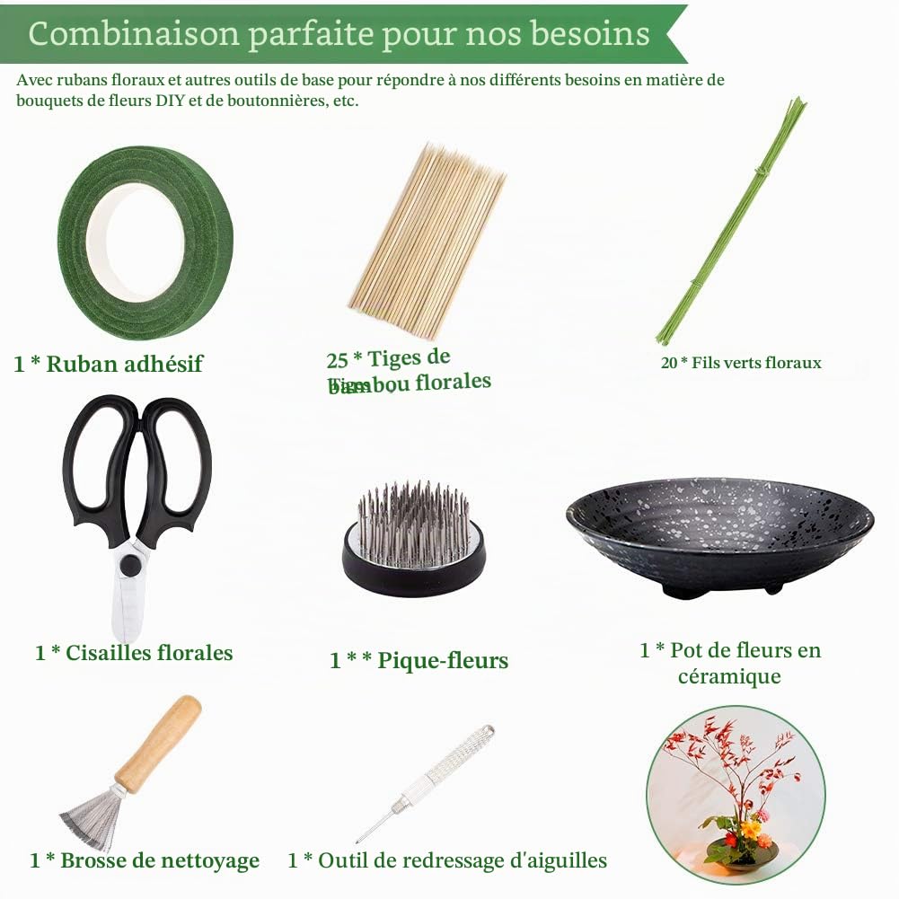 WANDIC Kit d'arrangement Floral, Lot de 51, Supports de Fleurs Ronds, Pot de Fleurs en céramique, Aiguille de Nettoyage Kenzan, râteau, tiges Florales et Ruban adhésif Floral pour Arrangement Floral