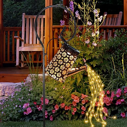 Solar Watering Can Lights Outdoor Garden Ornaments 36 LED Waterproof Fairy Waterfall String Lights Plum Blossom Pattern Solar Hanging Lantern Gardening Lamps for Yard Pathway Lawn Decor(with Bracket)