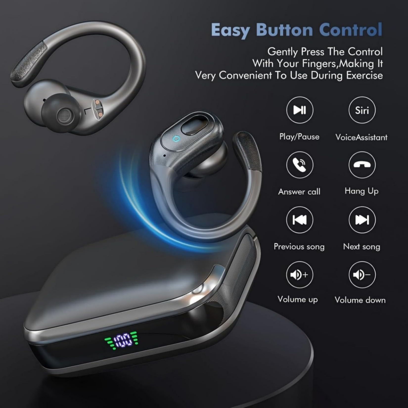 Wireless Earbuds Bluetooth 5.4 Headphones, Noise Canceling Ear Buds with 75hr Playtime, LED Power Display, IPX7 Waterproof Earphones Over Ear Earphones for Sports/Workouts — view 3