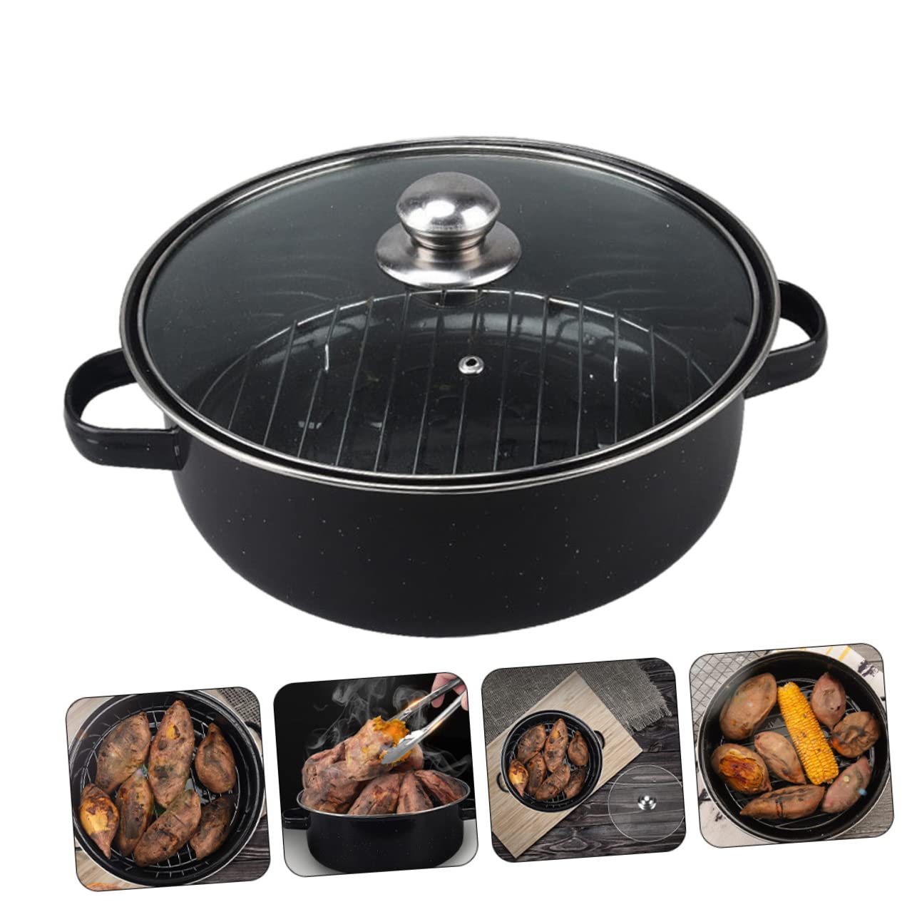 MAGICLULU Récipient en Fonte Noir pour Cuisson Facile Four avec Conduit de Fumée Bords Lisses sans Bavures pour Rôtir Pommes de Terre Douces et Ailes de Poulet