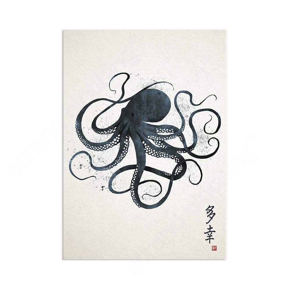 Strand Clothing Japanese Octopus Calligraphy Art Print Poster - Woodblock Ukiyo-e Wall Art (A3 Unframed)