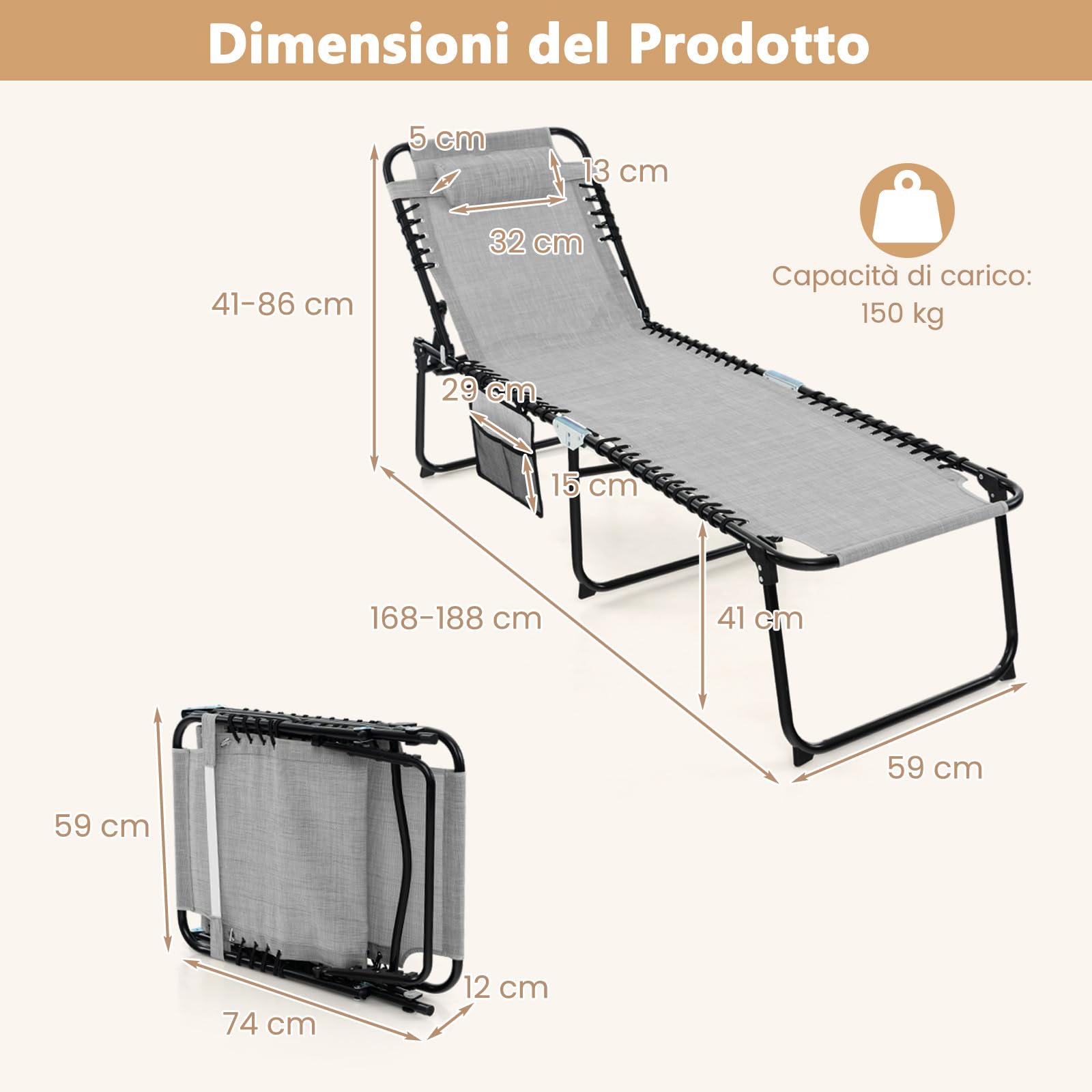 COSTWAY Lettino da Spiaggia Pieghevole Portatile, Sdraio da Mare con Schienale Regolabile 4 Posizioni, Tasca Laterale e Poggiatesta Staccabile, per Giardino e Campeggio, Portata 150 kg (Grigio)