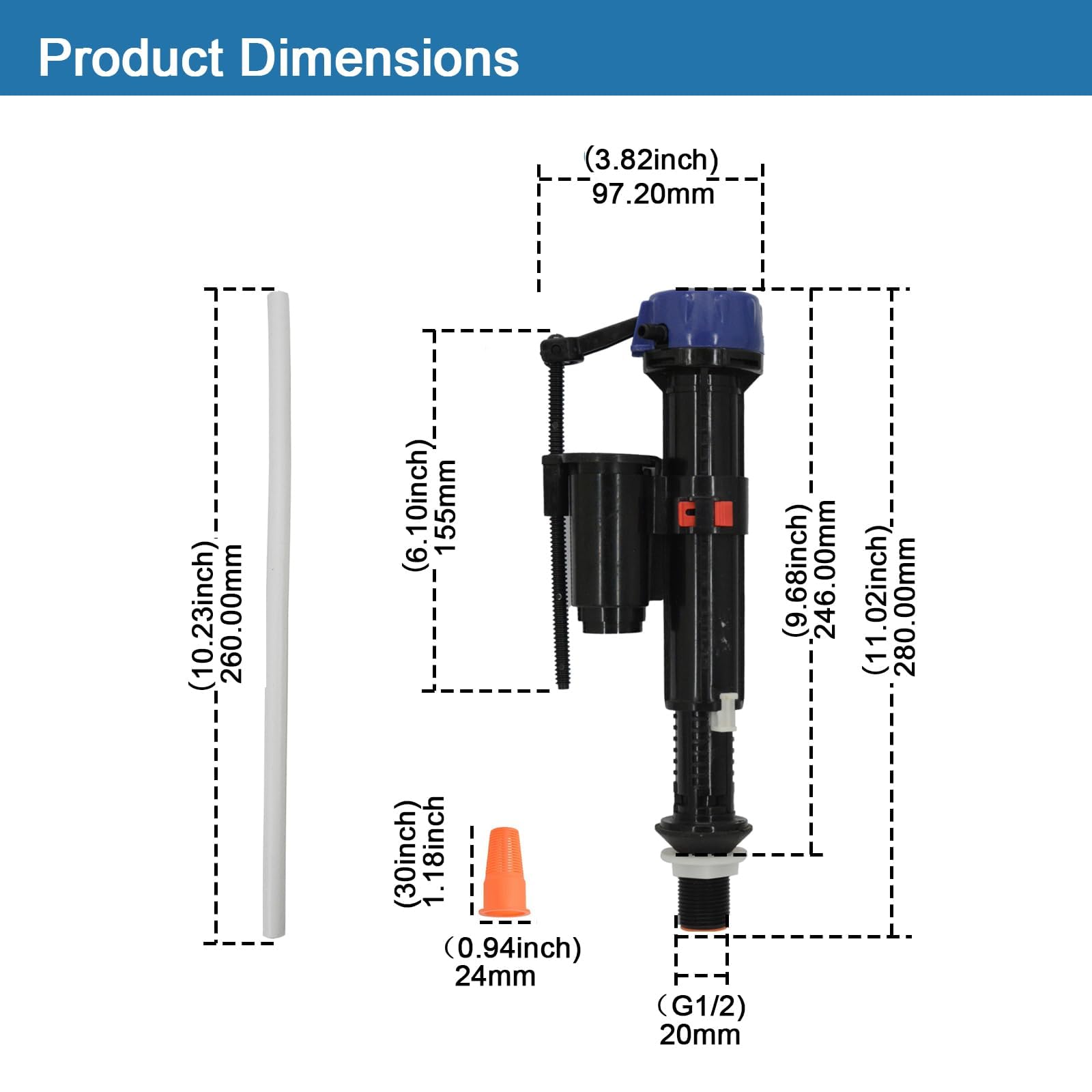 Mendorio Bottom Entry Toilet Fill Valve, G1/2 Universal Cistern Inlet Valve, Adjustable Height and Float - Image 3
