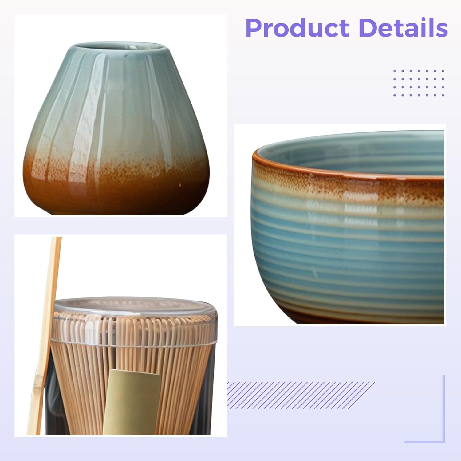 4 Piece Matcha Bowl Set, Japanese Style Ceramic, Gradient Blue Starter Kit For Tea Ceremony Beginners, With Whisk Holder And Scoop Stand, Modern Traditional Design