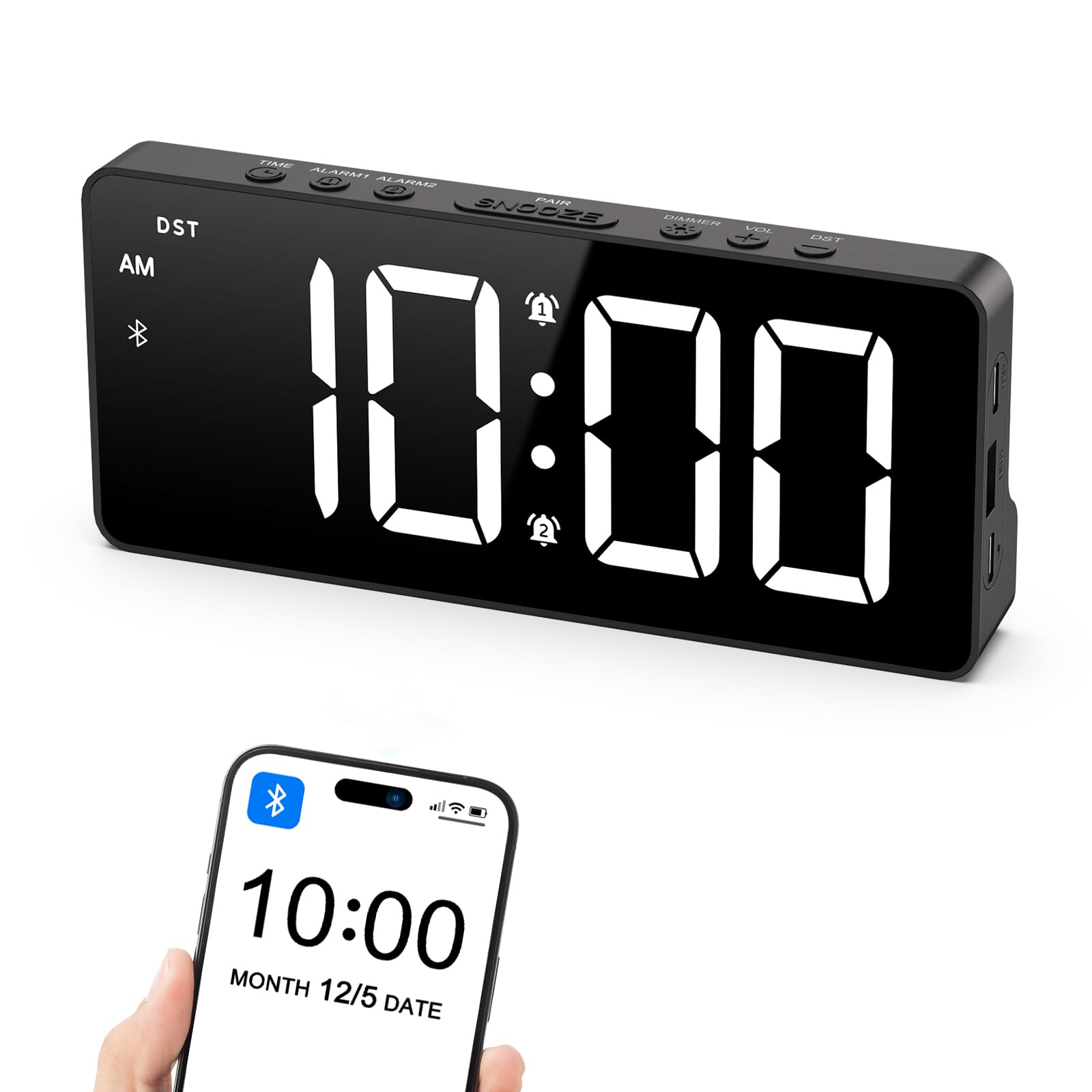 AMIR Alarm Clocks for Bedrooms - Bluetooth Sync Time Alarm Clock Digital Clock Large Display with USB Charging