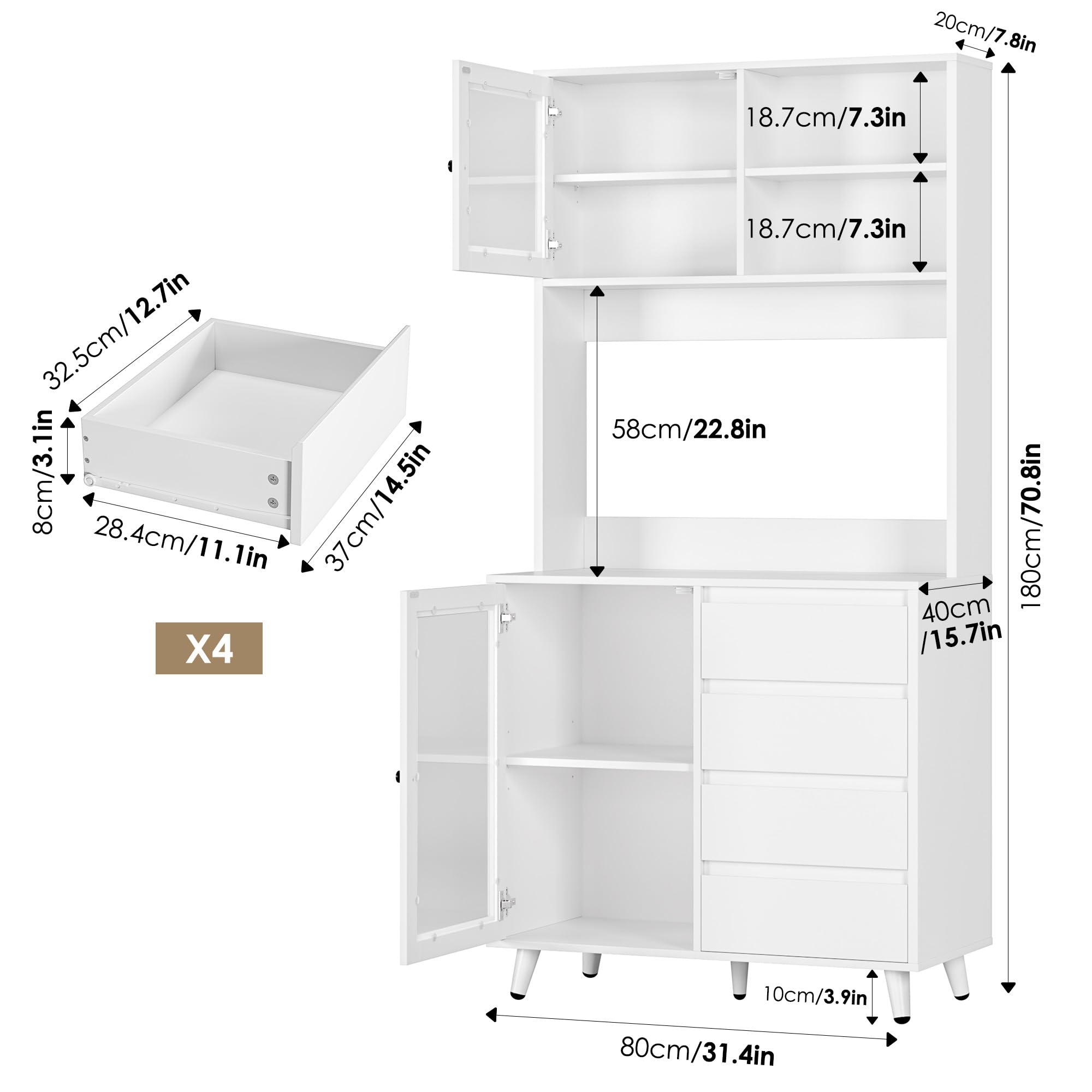 FOREHILL Küchenschrank 180 cm Buffetschrank mit Arbeitsplatte, 4 Schubladen