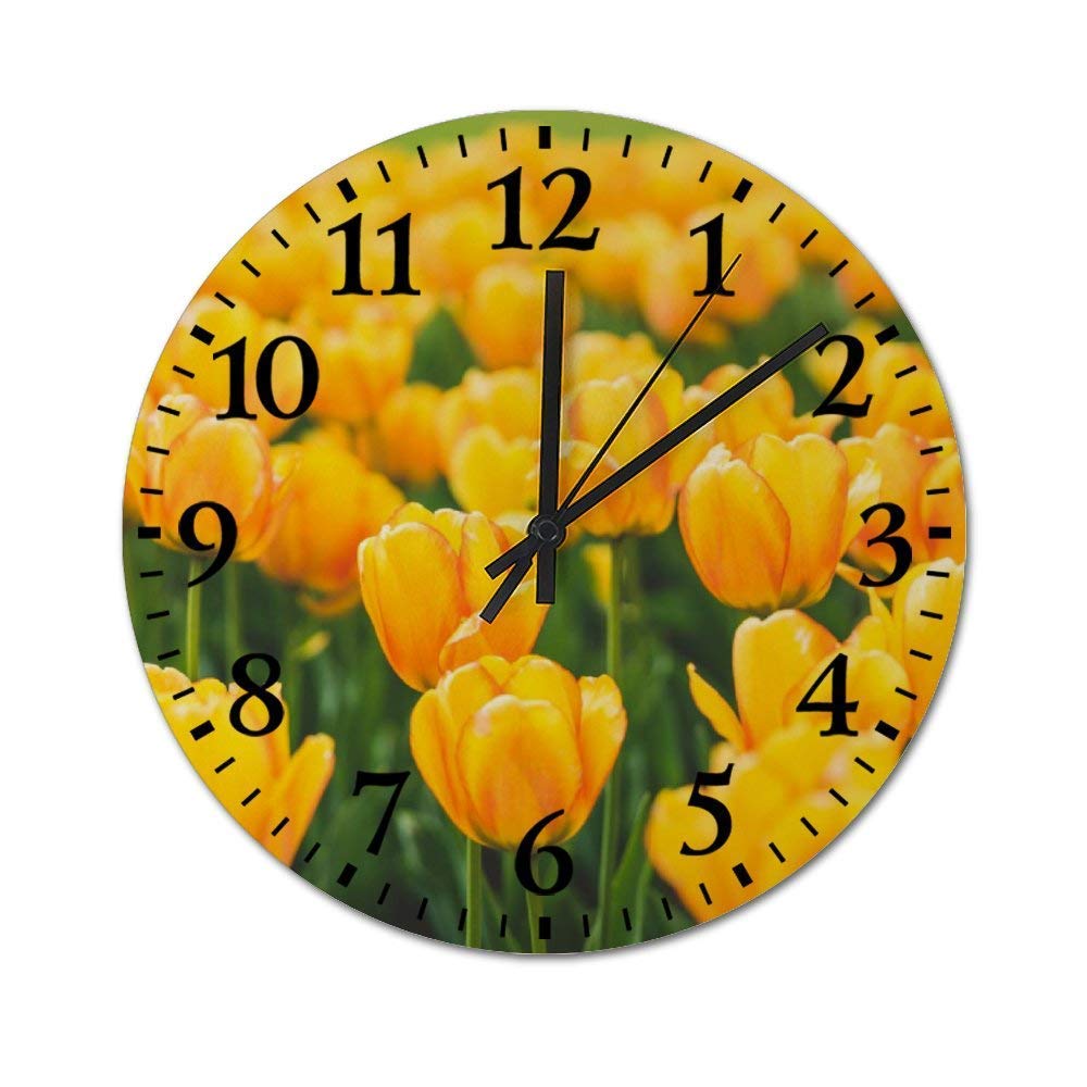 10 Inch Wall Clock Silent No Ticking Clocks, Yellow Tulip Flower Meadow Clock Home Decor for Living Room and Bedroom