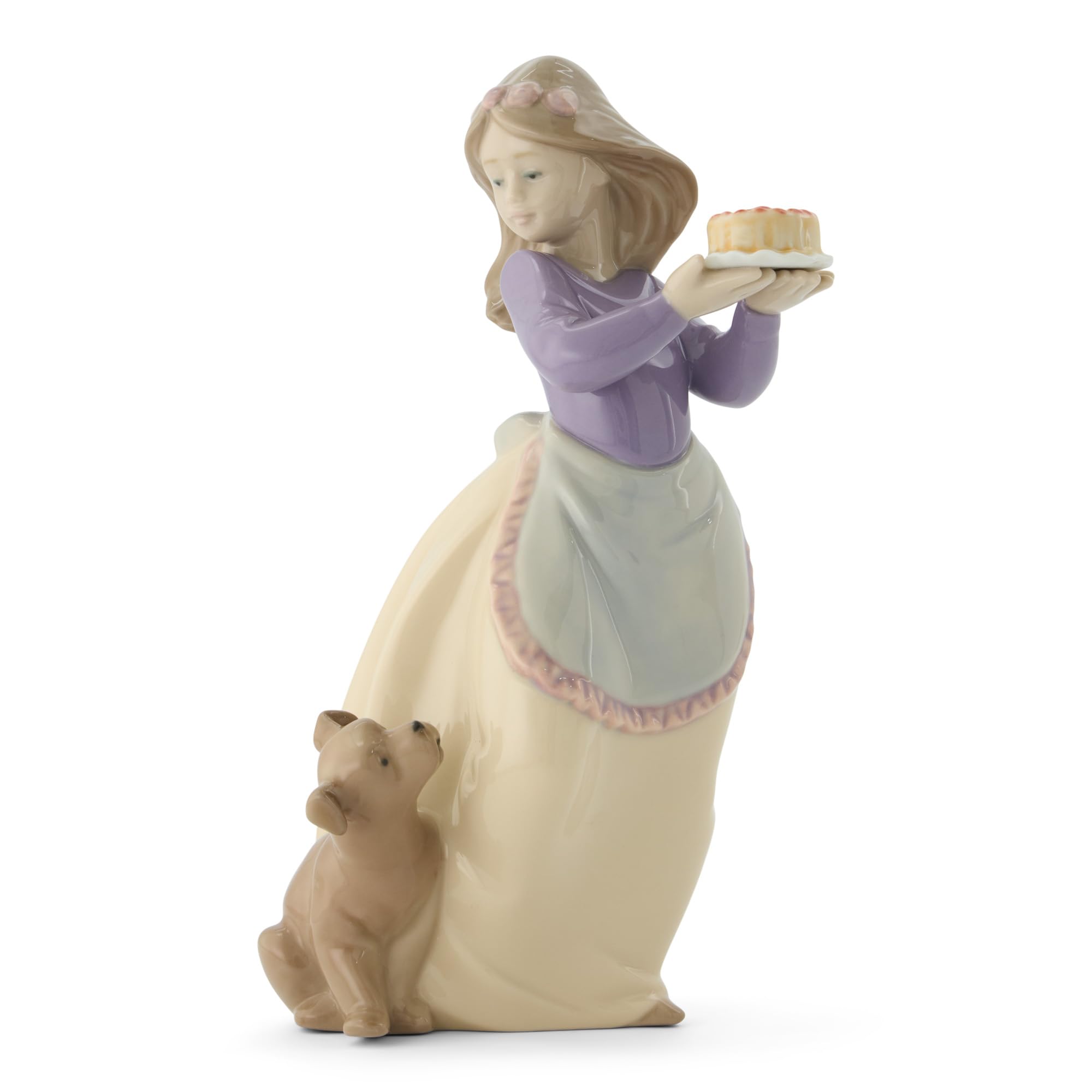 NAO El Cumpleaños del Perrito. Figura Decorativa de Una Niña en Porcelana Brillo. Figurita Ornamental Infantil de Una Niña con Un Cachorro Decorada en Tonos Pastel
