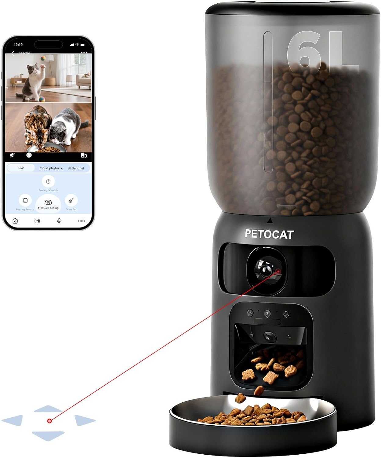 5L Automatic Cat Feeder with Dual 2K HD Camera, 2.4G / 5G WiFi Cat Food Dispenser with Cats Recognition& Diet Tracking, Laser Interactive Toy & Two-Way Audio