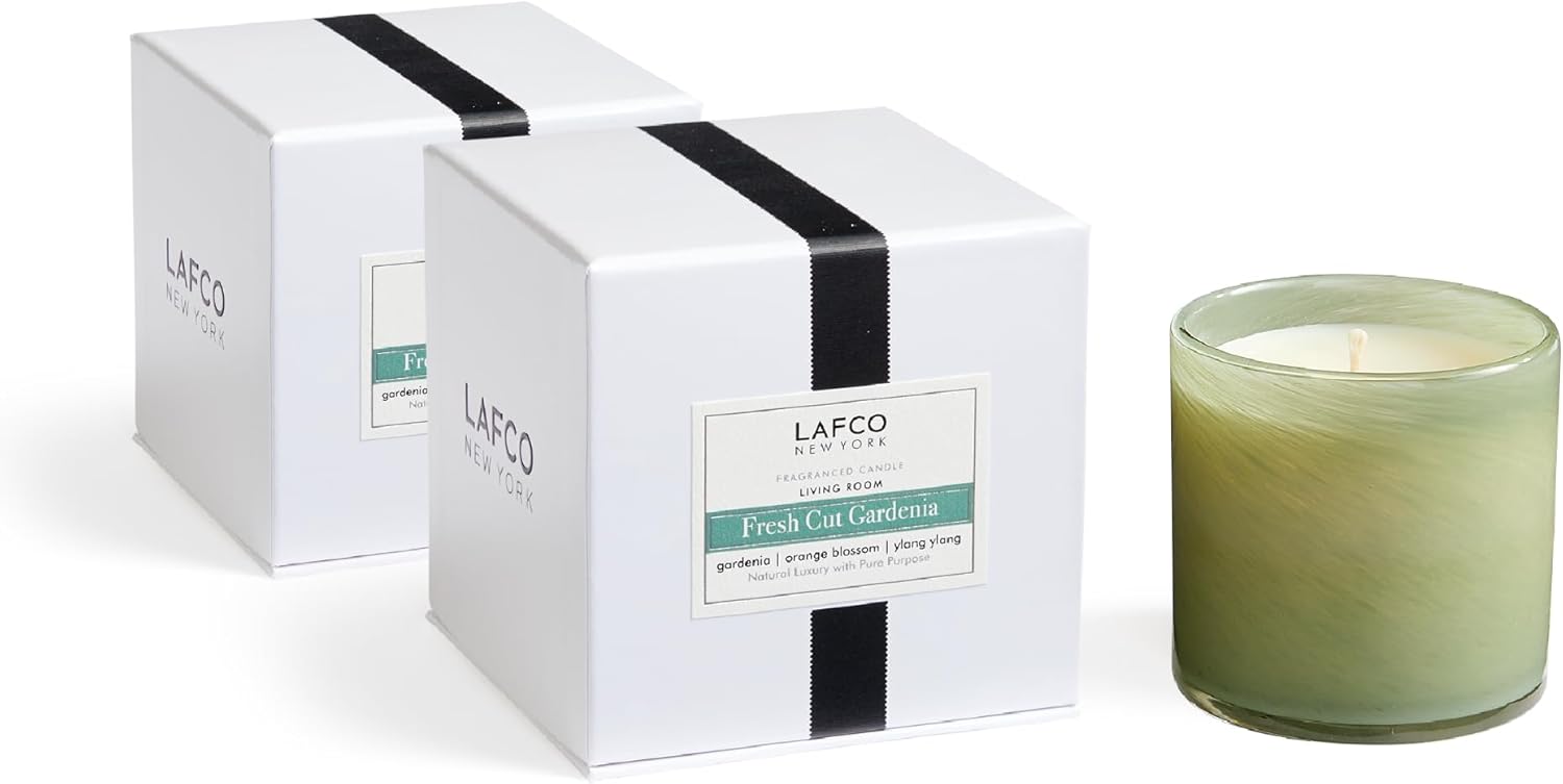 LAFCO New York Classic Candle, Fresh Cut Gardenia - Pack of 2, 6.5 oz - 50-Hour Burn Time - Reusable, Hand Blown Glass Vessel - Made in The USA