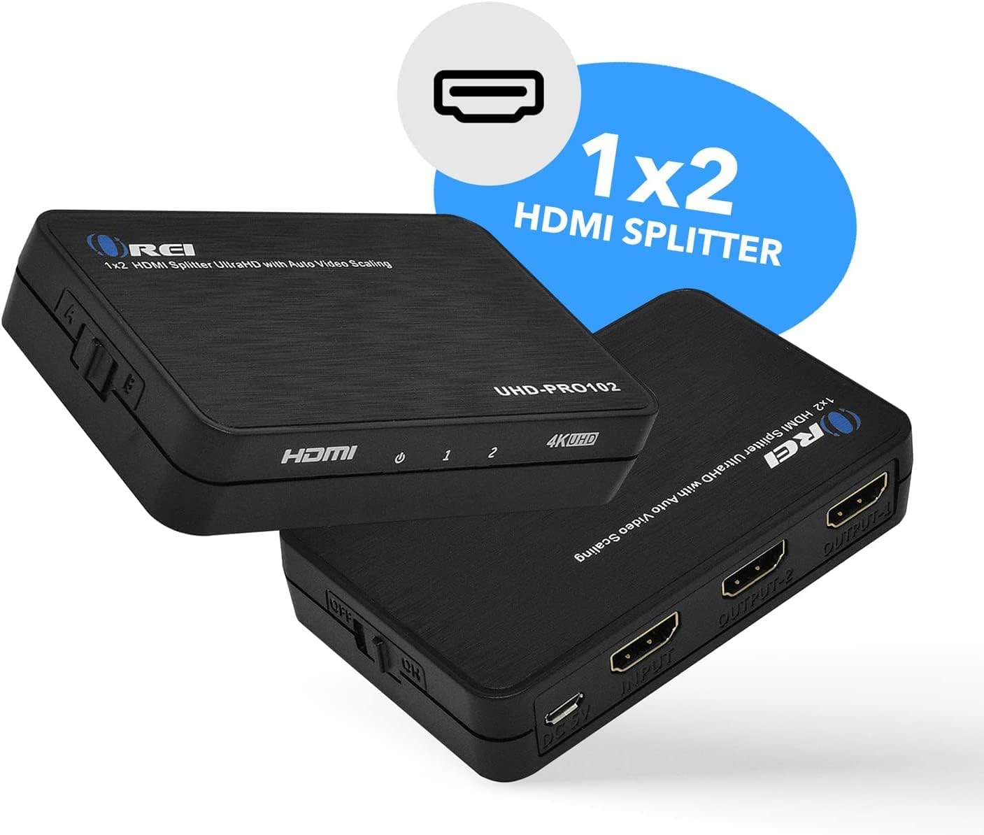 OREI 4K 1 in 2 Out HDMI Splitter with Scaler - Ultra HD 4K@60Hz 4: 4: 4 - HDMI VER 2.0 and HDCP 2.2, 3D Support with EDID Control - Down-Scaling 4K@60Hz to 1080p@60Hz - 20 Units Per Box (UHD-PRO102)