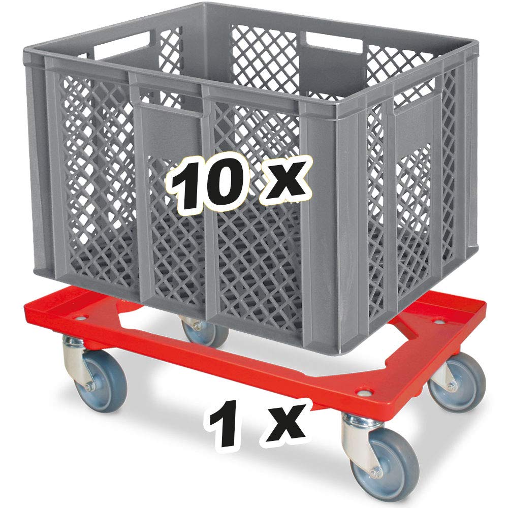 BRB 10er Spar-Set Euro-Stapelbehälter Plus Transportroller, 600x400x410 mm Industriequalität lebensmittelecht grau