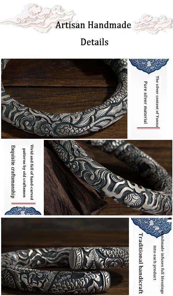 Viking Herren 999 Sterling Silber Armband, Handgemacht Nordisch Weinlese Drachen Totem Tattoo Drucken Manschette mit Offenem Armreif, Punk Gotisch Schmuck Geschenke
