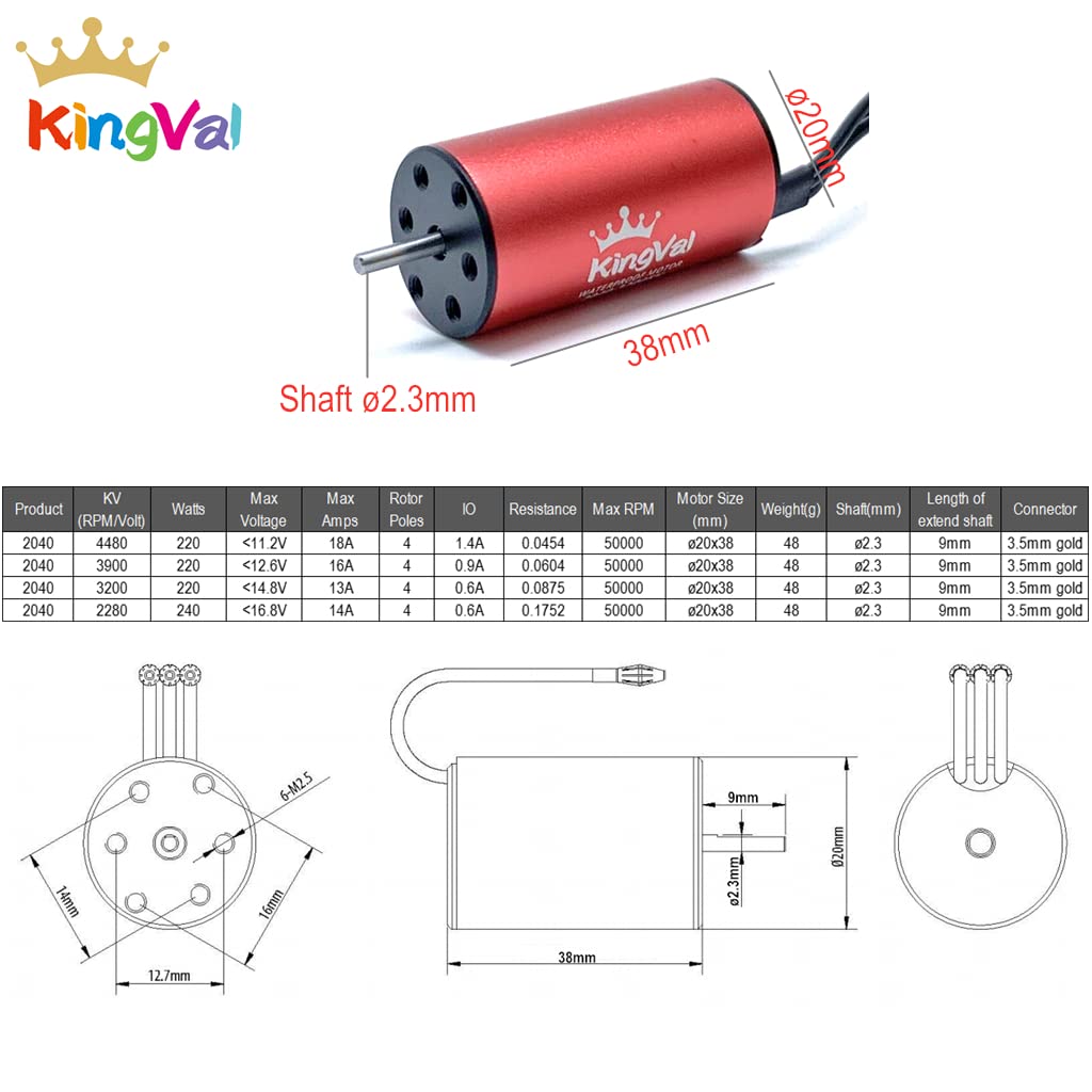 KingVal Replacement 2040 3900KV Waterproof Brushless Motor Shaft 2.3mm with 25A Brushless ESC Combo Compatible with 1/16 1/18 RC Car