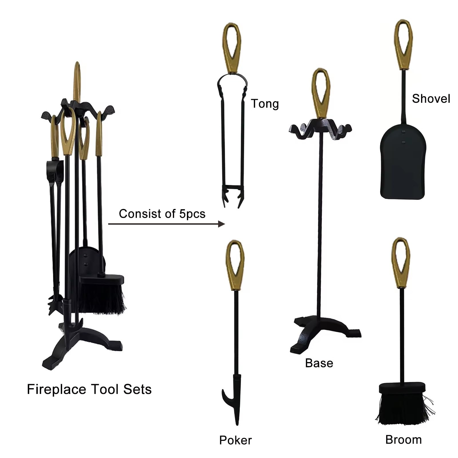 Juego de 5 herramientas para chimenea de hierro fundido, accesorios esenciales para estufas de leña y chimeneas, incluye soporte para troncos, póquer, cepillo, pala y pinza para un mantenimiento