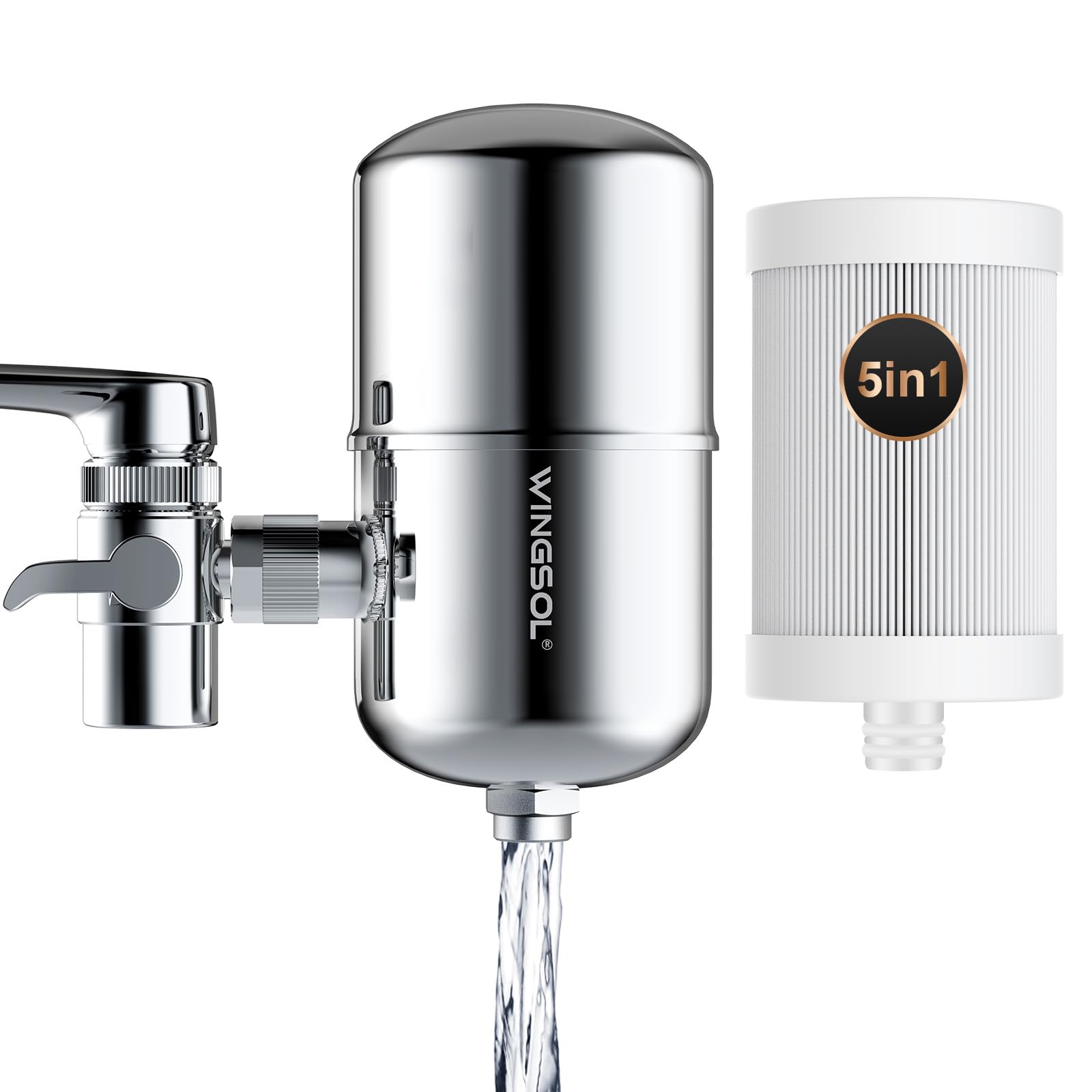 WINGSOL WINGSOL Stainless Steel Water Filter for Sink Faucet, NSF/ANSI 42&53, 360° Rotating Tap Purifier Reduces Heavy Metals 99.6% Lead, Increase pH