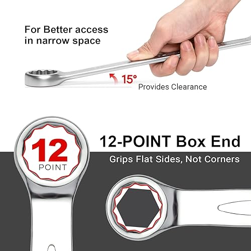 Miniatura 3 de Jetech Llave combinada de 0.984 in, grado industrial, acero al cromo vanadio, diseño de 12 puntos, desplazamiento de 15 grados, acabado arenado,