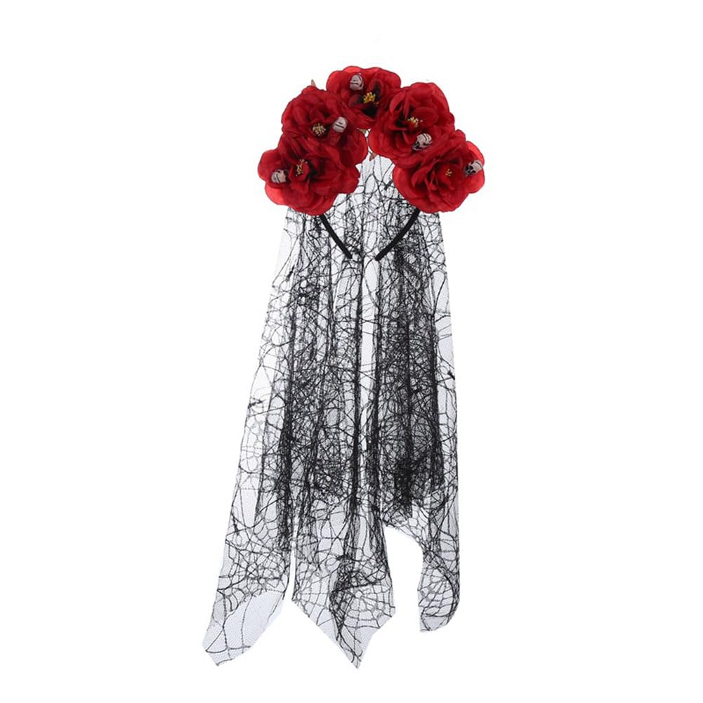 Women's Bohemian Rose Flower Headband Halloween Party Ghost Festival Headband Skeleton Head Mesh Hair Hoop