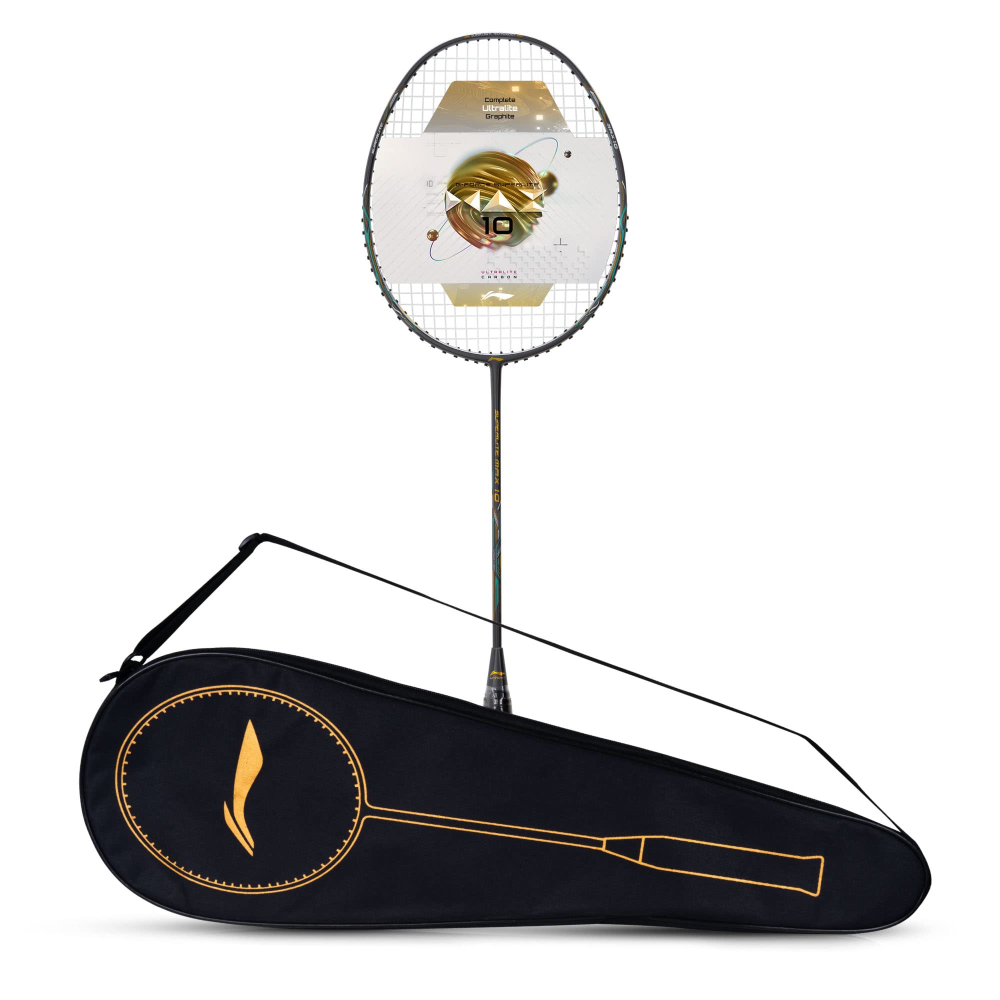Li-NingG-Force Superlite Max 10 Carbon Fibre Badminton Racket with Free Full Cover(80 Grams, 28 Lbs) (DK Grey/Gold/Teal)