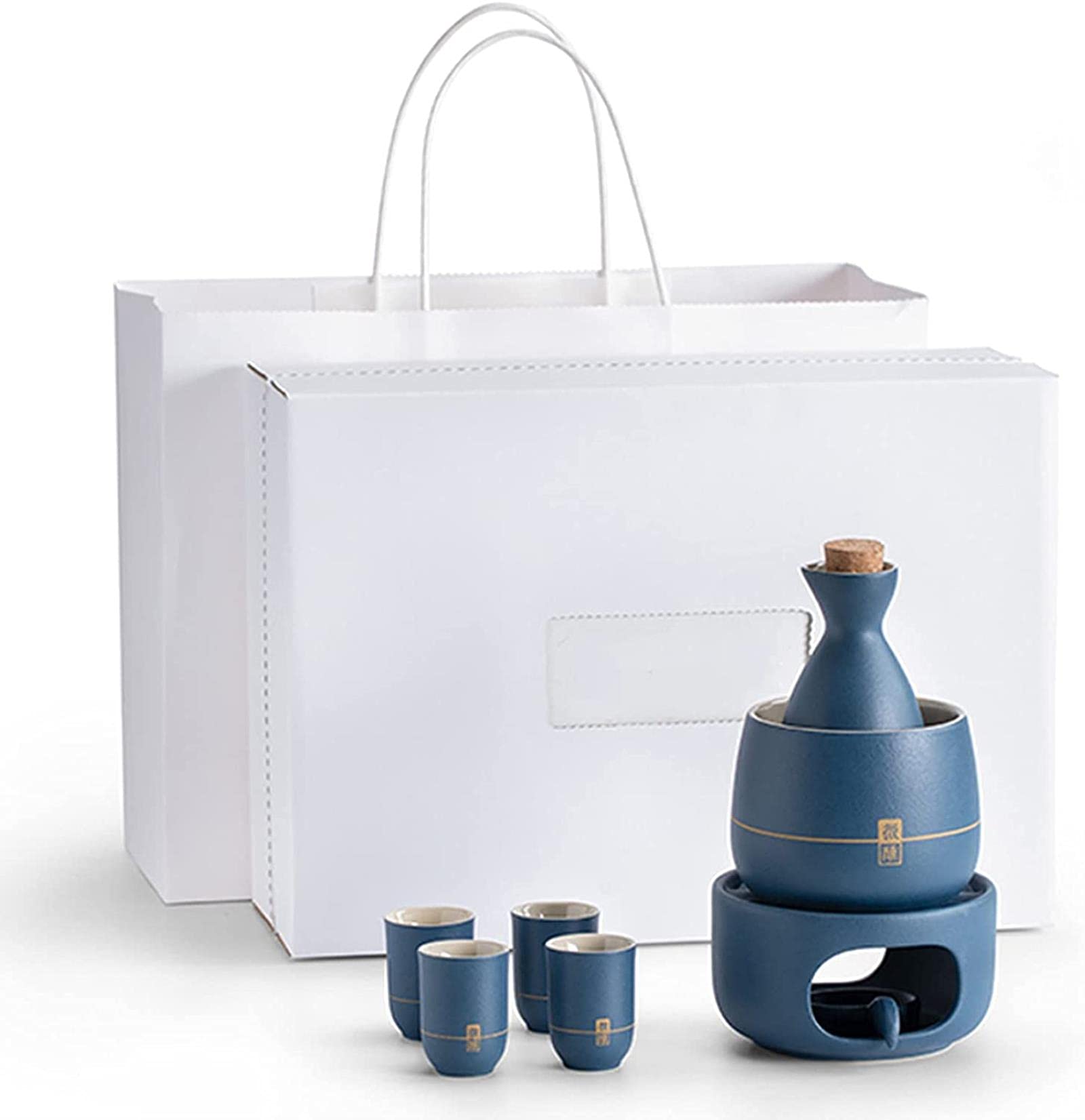 Juego de Sake conciso con Calentador, Kit de Bebida de Saki Caliente de cerámica Japonesa Tradicional de Porcelana, Incluye 1 Estufa 1 tazón de Calentamiento 1 Botella de Sake 4 Tazas y