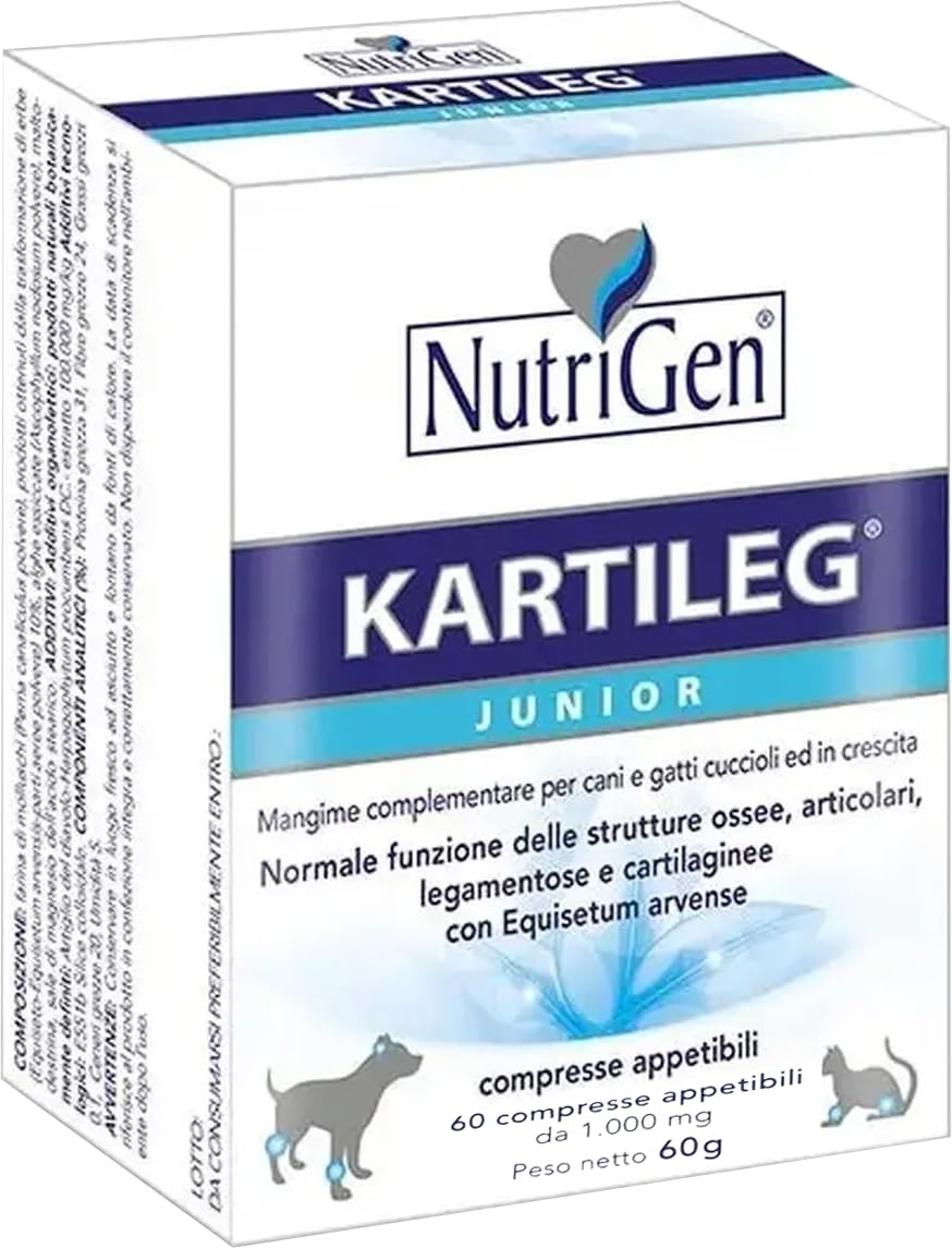 KARTI-LEG Junior 60 compresse 1000 mg, supporta la normale funzione delle strutture ossee articolari, legamentose e cartilaginee di cani e gatti cuccioli o in crescita