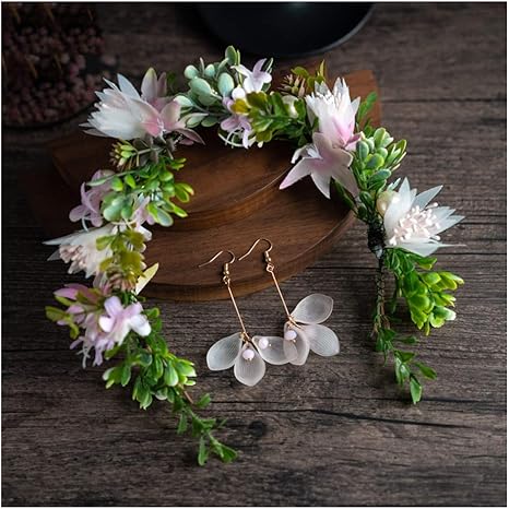 Amazon 花の花輪の花嫁の頭飾り韓国のスーパー妖精の女の子のヘアアクセサリーイヤリングセットウェディングドレスアクセサリー 花束 オンライン通販