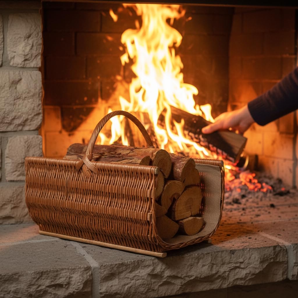 BOGATECO Cesta de mimbre con asa, cesta grande para chimenea, 60 x 45 x 30 cm, tejida a mano, cesta de madera con refuerzo