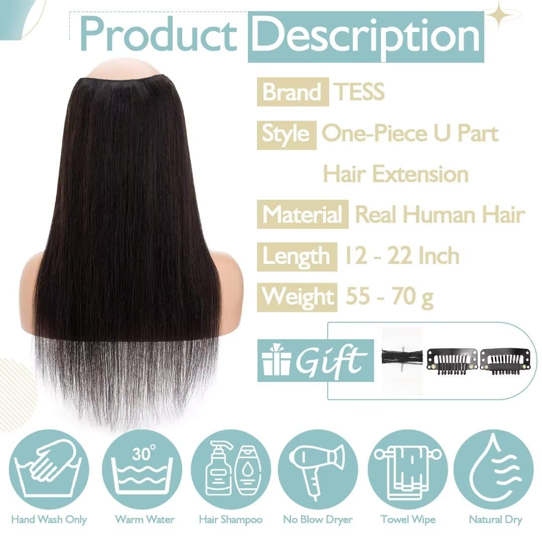 TESS Clip In Hair Extension Remy,Hair Extensions Real Human Hair One Peice U-Shaped Straight Hairpieces for Women/Ladies/Girls(#1B Natural Black,18Inch) - Image 2