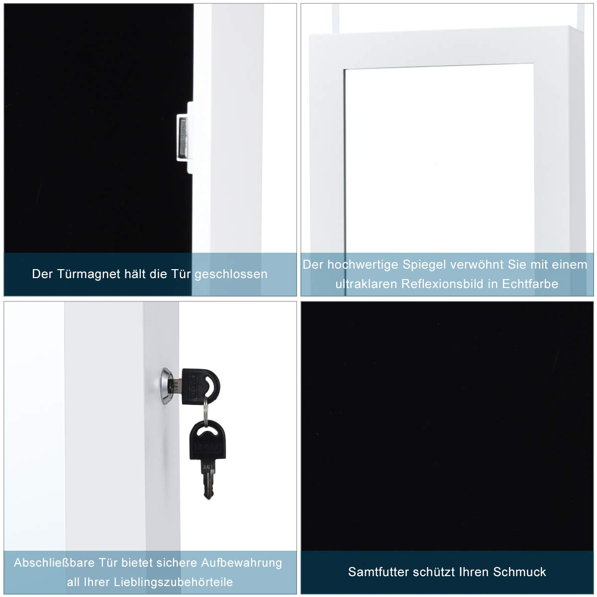 COSTWAY Schmuckschrank mit 15 LED Leuchten, Spiegelschrank mit Tür- und Wandmontage, Schmuckkasten mit Ganzkörperspiegel, Schmuckregal für Ringe, Kettenhaken und Ohrringe, inkl.2 Schlüssel (Beige)