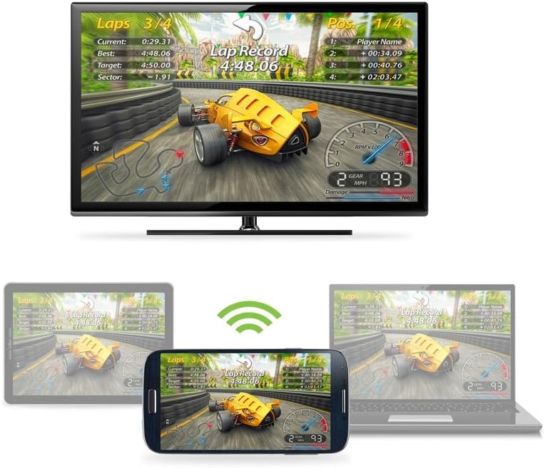 Diagram showing multiple devices wirelessly mirroring to a TV via Miracast.