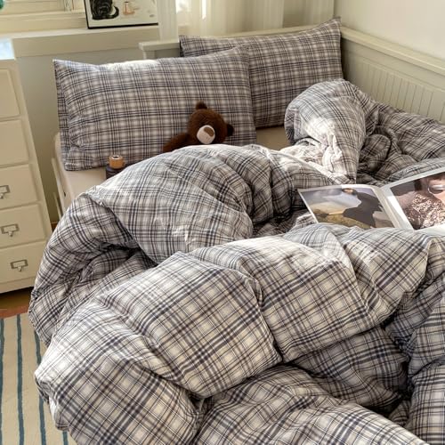 Image of mixinni Queen Duvet Cover Set - 3 Piece Vintage Buffalo Plaid Bedding, 100% Washed Cotton Duvet Cover with 2 Pillowcases, Soft & Breathable Navy Beige White Geometric Grid Pattern for All Seasons