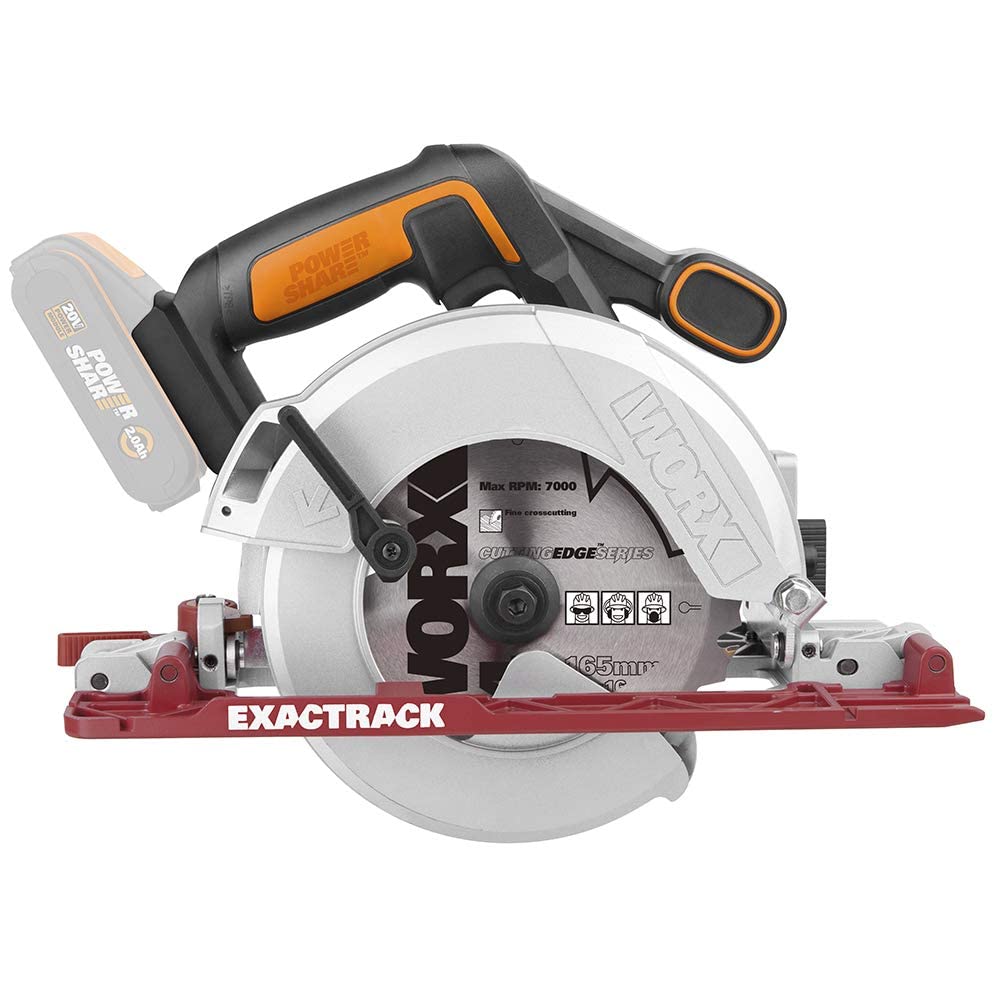 WORX WX530.9 Worxsaw XL Sierra Circular Brushless 20V Sin Batería, Sistema ExacTrack para Cortes Rectos, Base de Aluminio, Corte a Inglete 50°